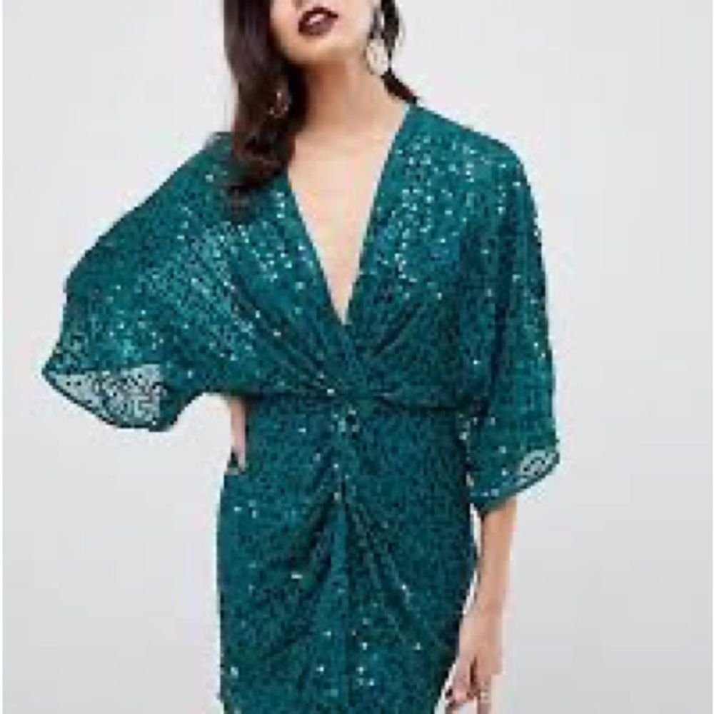 Stunning party dress- ASOS sequin green kimono dress with inner slip